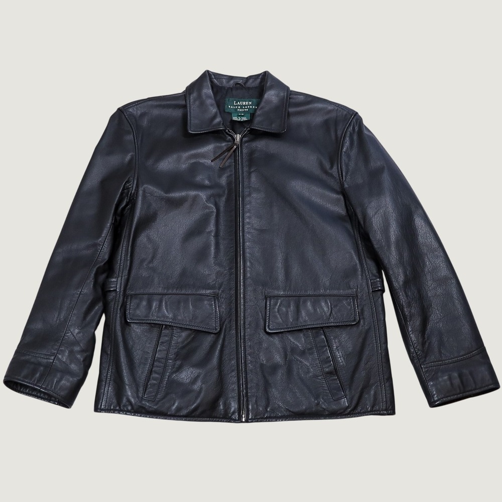 Lauren Ralph Lauren Leather Jacket Womens Petite Medium Black Zip Quilted Lining